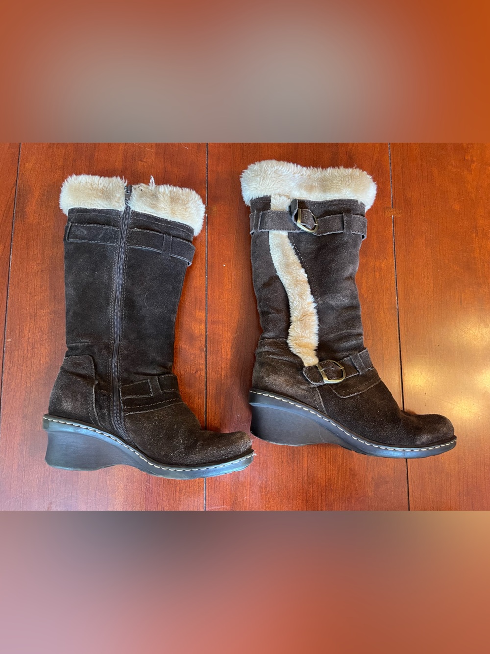 G.H. Bass & Co. Dark Brown Suede Fur-Trim Wedge Boots